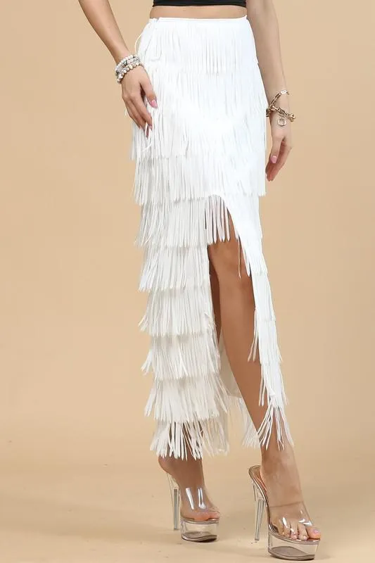 White Long Fringe Skirt