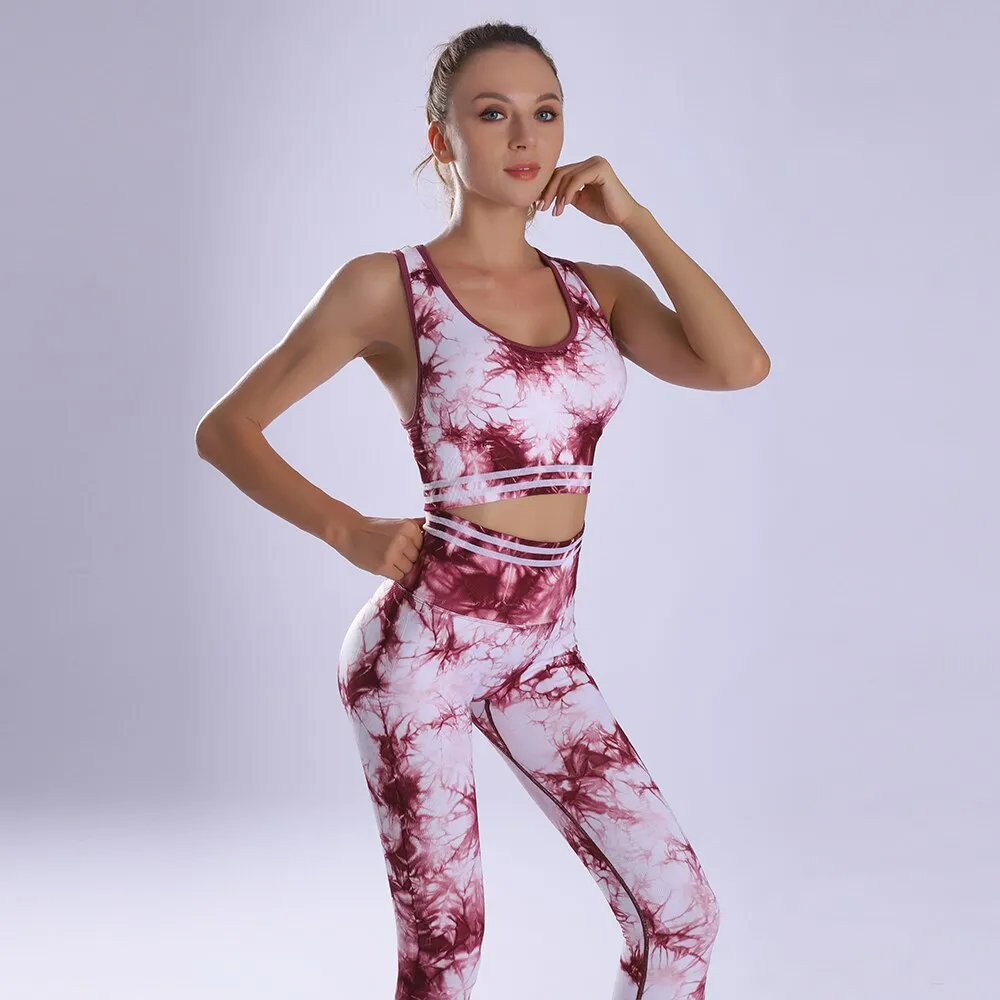 Women seamless tracksuit Tie dye yoga set gym clothing breathable elastic sport suit fitness running yoga pants bra sportwear