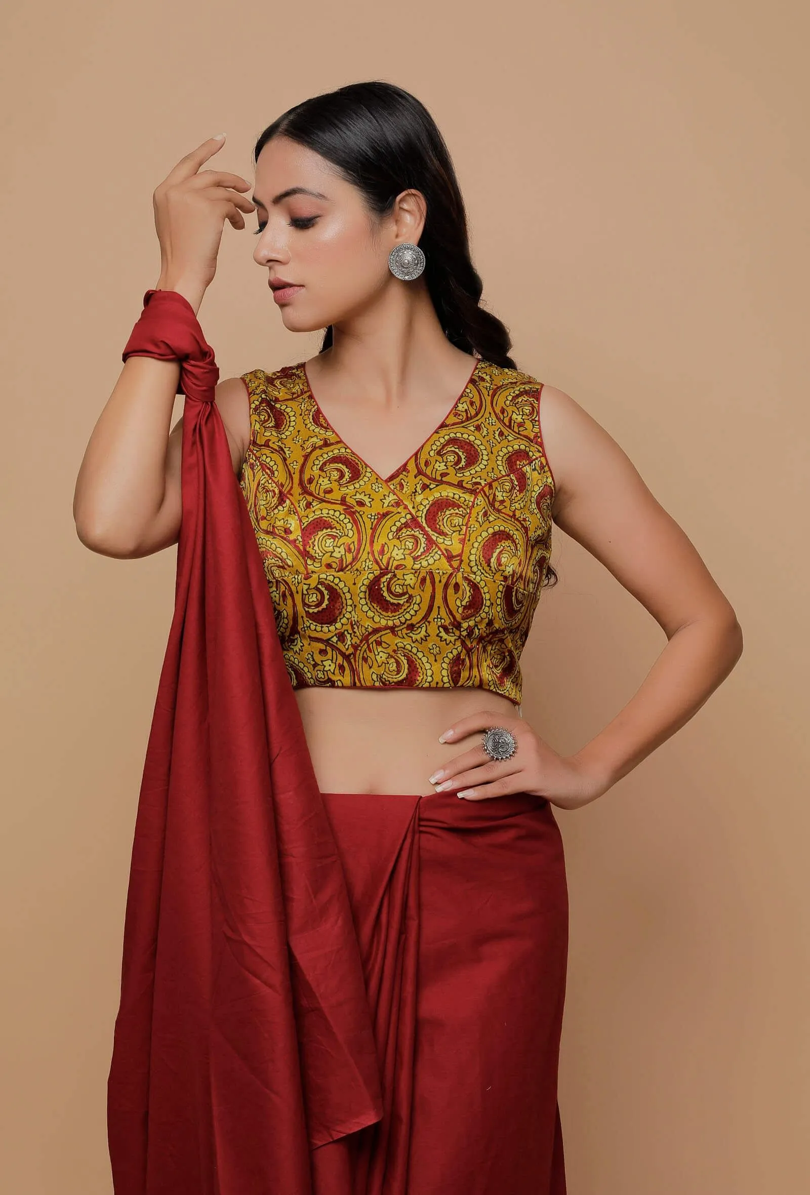 Yellow Printed Mashru Sleevless Blouse