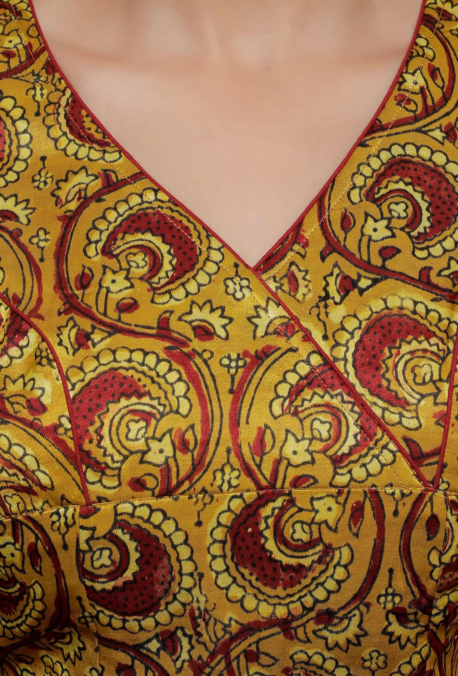 Yellow Printed Mashru Sleevless Blouse