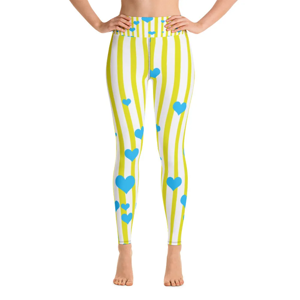 Yellow Striped Women's Yoga Pants, Blue Hearts Long Fitted Leggings -Made in USA/EU