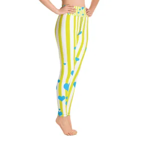 Yellow Striped Women's Yoga Pants, Blue Hearts Long Fitted Leggings -Made in USA/EU