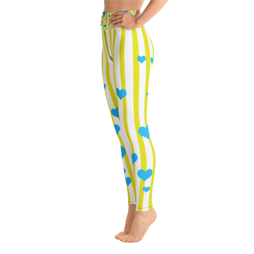 Yellow Striped Women's Yoga Pants, Blue Hearts Long Fitted Leggings -Made in USA/EU