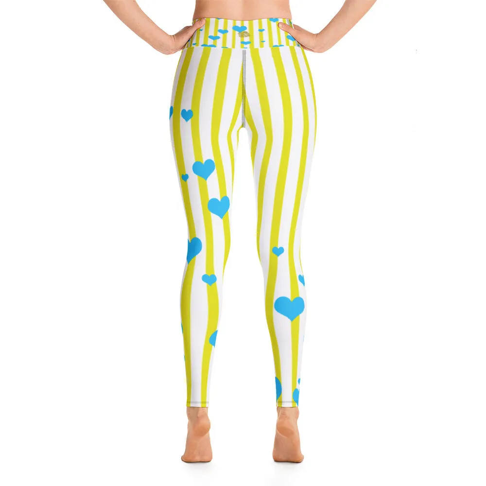 Yellow Striped Women's Yoga Pants, Blue Hearts Long Fitted Leggings -Made in USA/EU