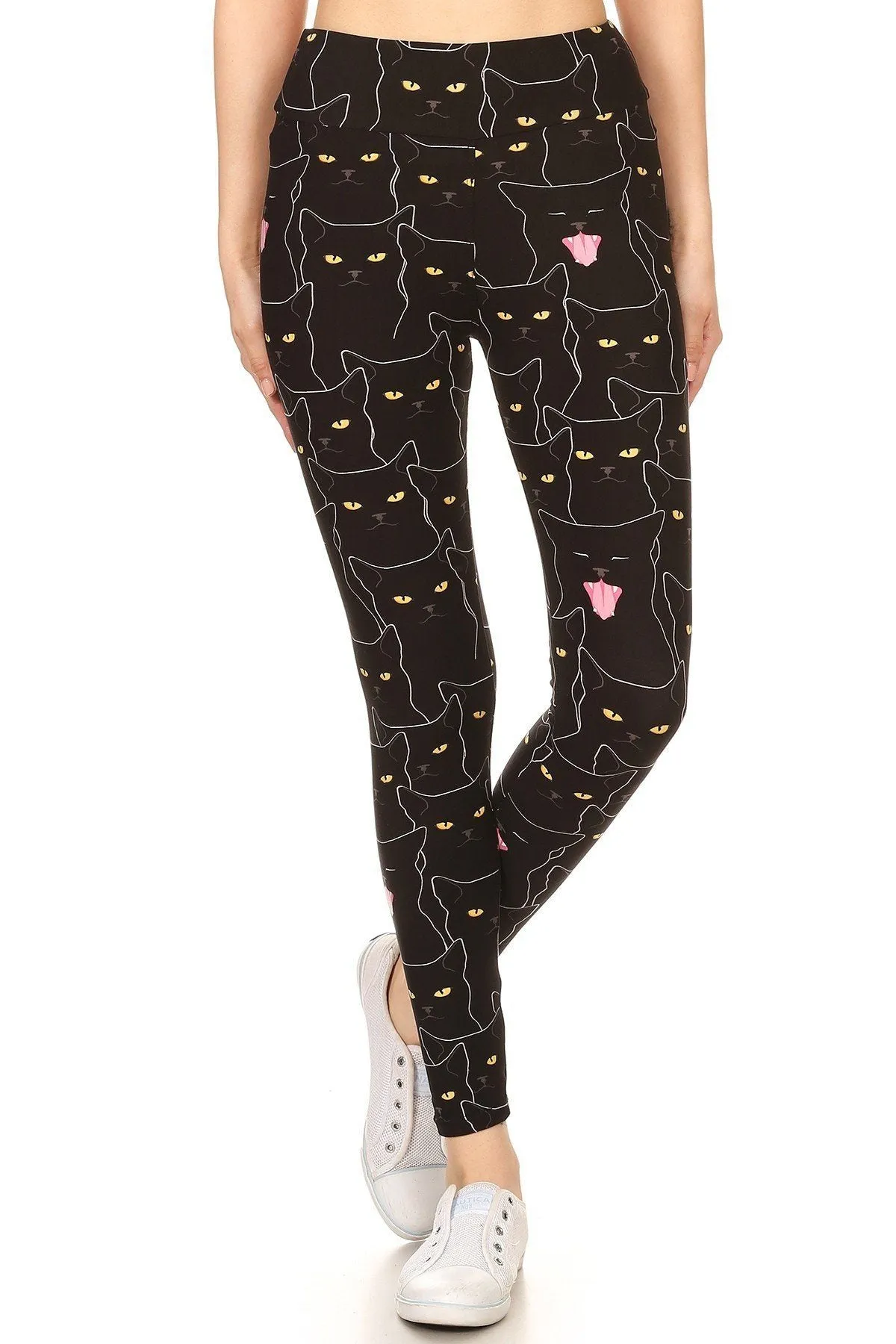 Yoga Style Banded Lined Black Cat Print, Full Length Leggings In A Slim Fitting